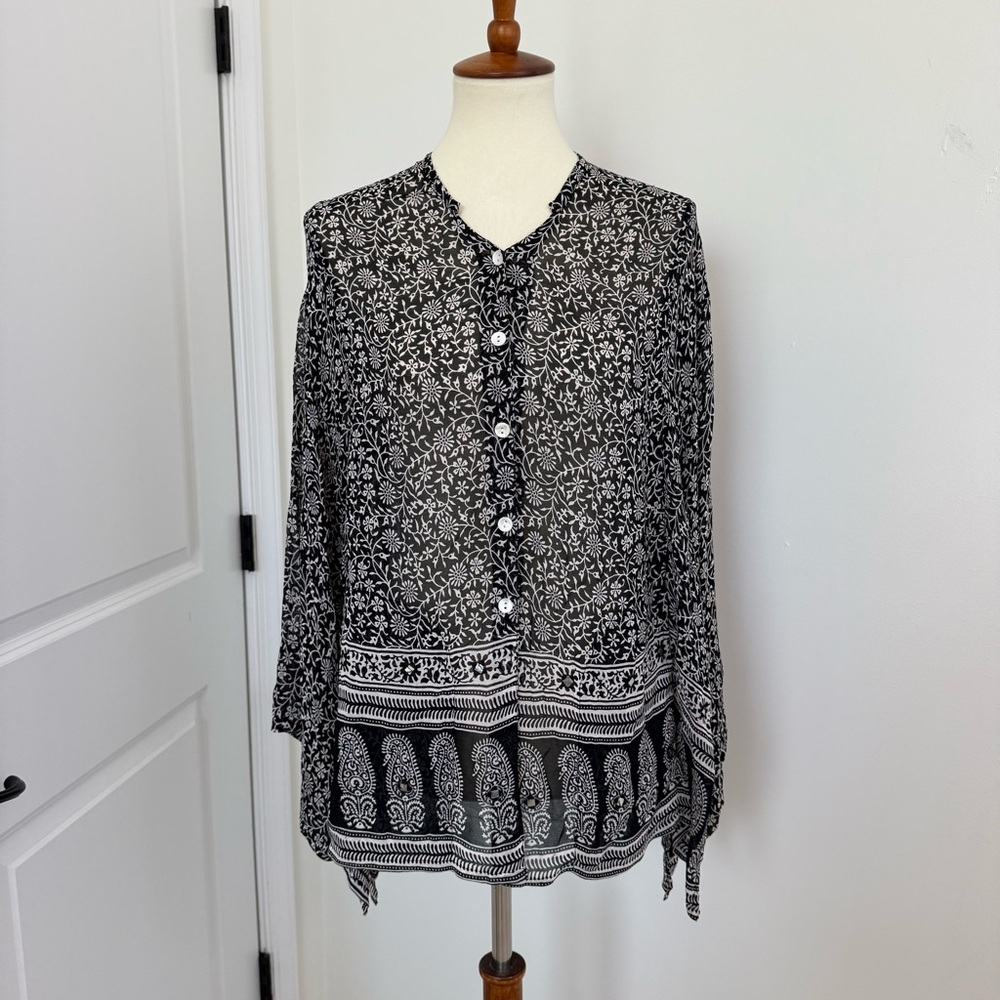 Rene Derhy Top Womens Large Black White Paisley Artsy‎ Boho Peasant Blouse